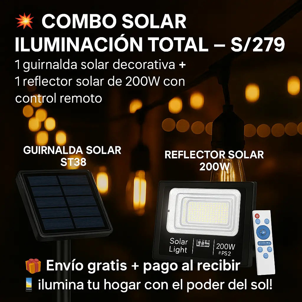 COMBO SOLAR MAGICO-Guirnalda solar + Reflector de 200W