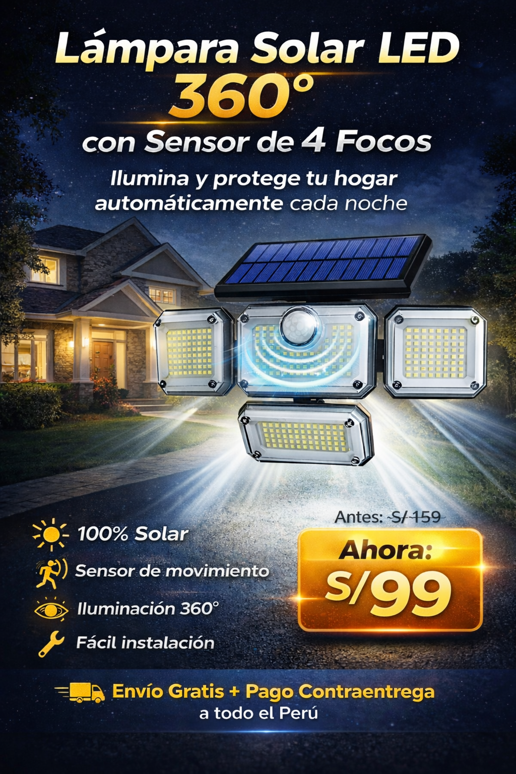 Lámpara Solar LED 360° con Sensor de 4 Focos