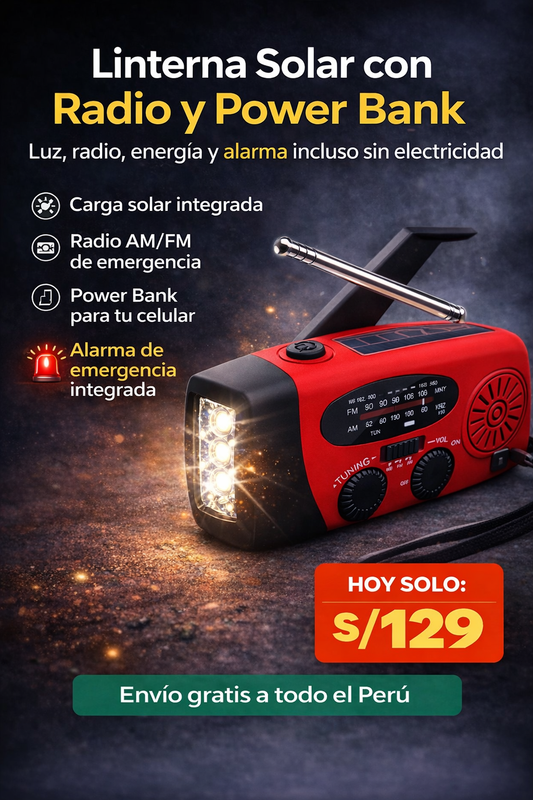 Linterna solar con Radio y Powwer Bank Multifuncional
